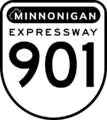 Minnonigan 900-series shield for State Route 901. While SR 901 was largely replaced by FS-89 and FS-91, a portion of SR 901 remains in northeastern Minnonigan, linking FS-89 near Sebert with FS-85 north of Hazlet Lake.