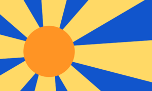 An orange sun with 8 yellow rays on a blue background