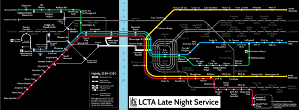 Map of late night "owl" LCTA rail service.