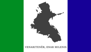 Flag of the State of Venary, with left fifth green, right fifth blue, middle three-fifths white with in gray the state's outline and motto in Venaric.